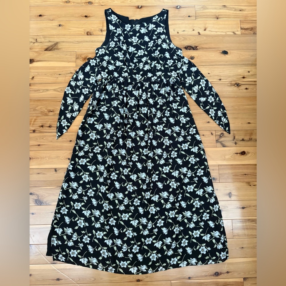 Cynthia Rowley Vintage 90s Black Floral Maxi Dress Whimsical Cottagecore 12P